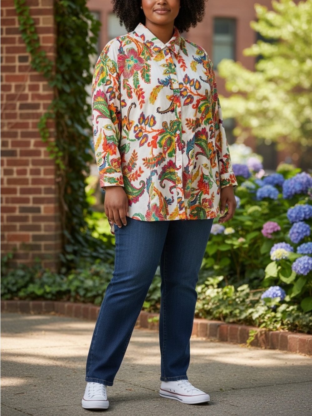 Lauren Plus Size 3X Floral Paisley Button-Up Shirt in Cream-ish Multi color